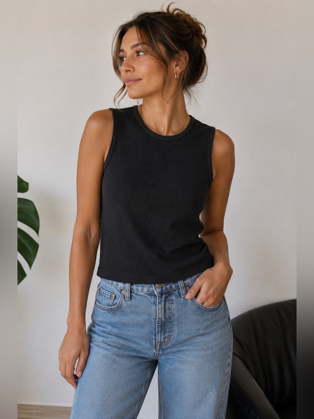 Vintage Alia Black Ribbed Sleeveless Tank Size XL Y2K 90s Minimalist Capsule